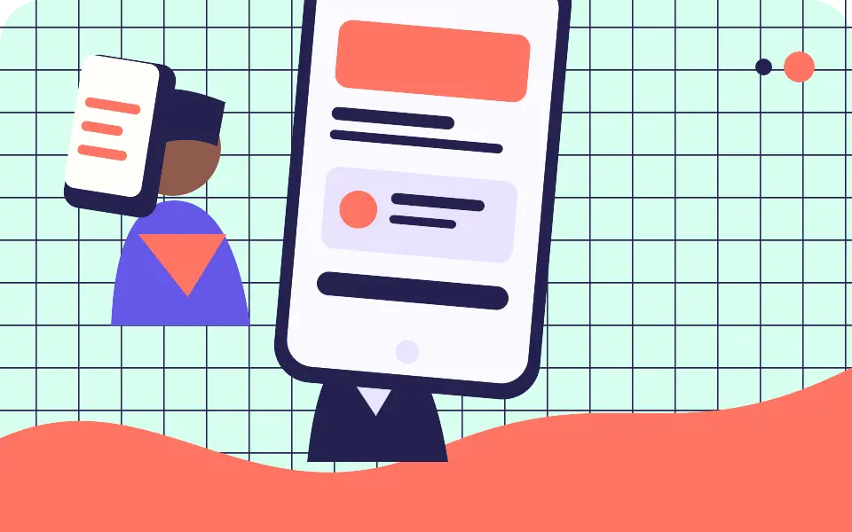 Original illustration of adult designers reviewing a phone screen
